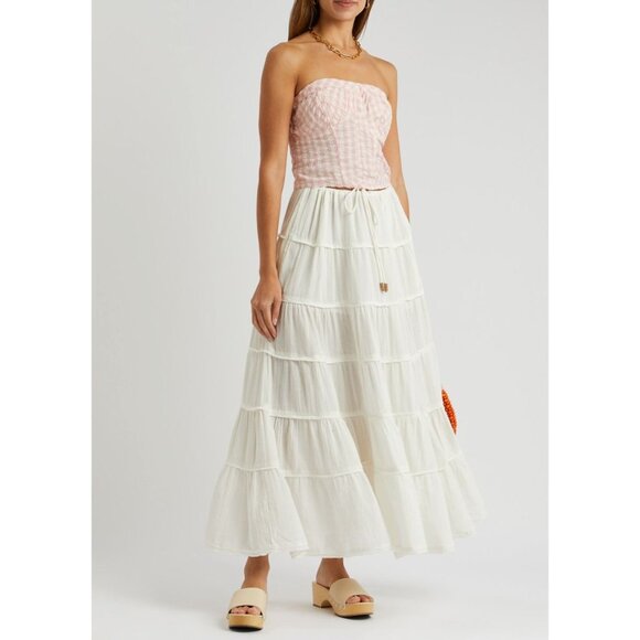 Free People Simply Smitten Maxi Skirt Tiered Tie Waist Natural Cream XL - Picture 6 of 16